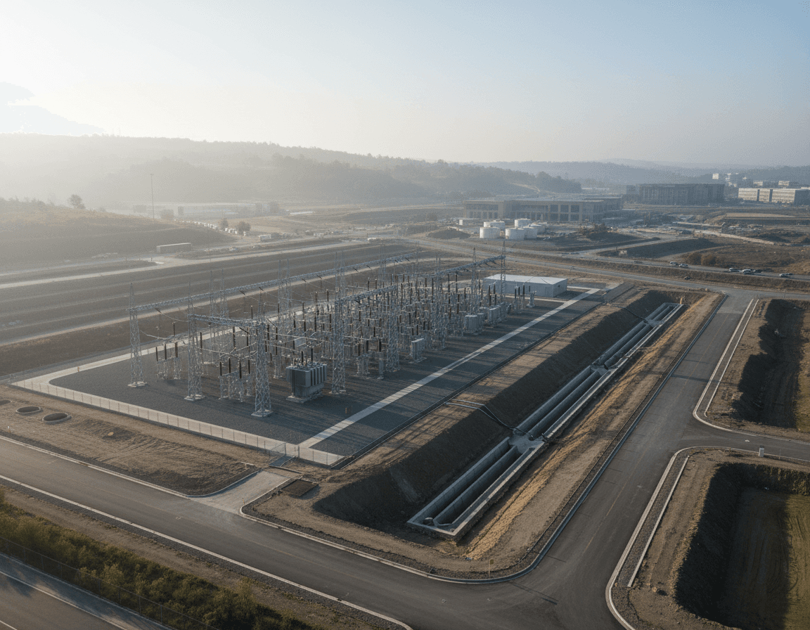 Aerial view of infrastructure corridors and campus-scale development.